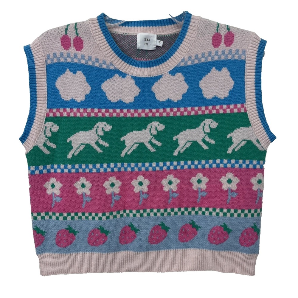 Luna Ivy Puppy Sweater Vest Size L Pastel Boho Cottagecore Feminine Pink Blue